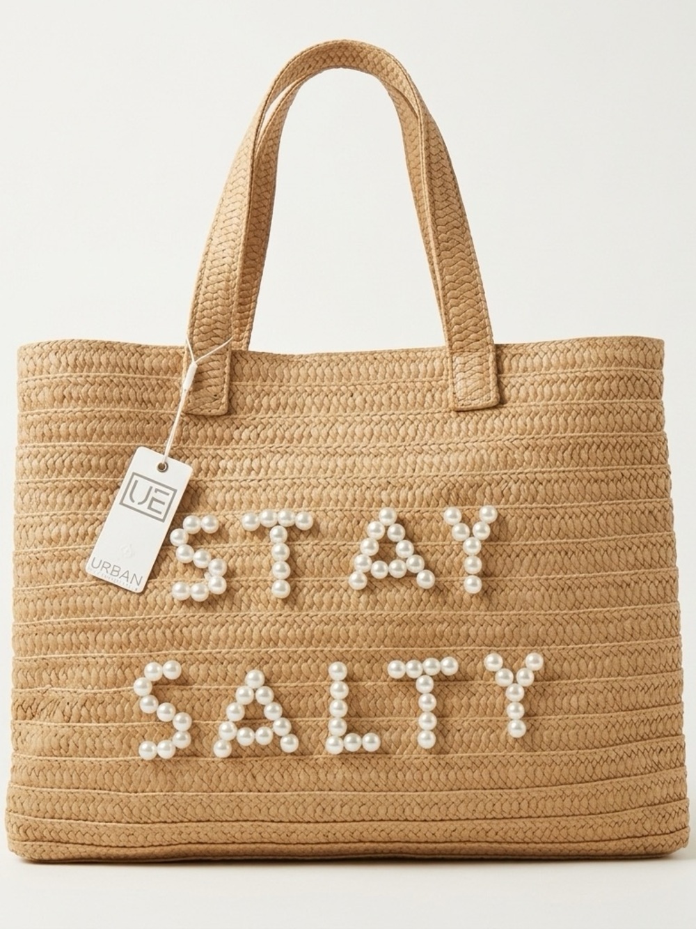 Urban Expressions Natural Straw Tote with Pearl 'STAY SALTY' Accent